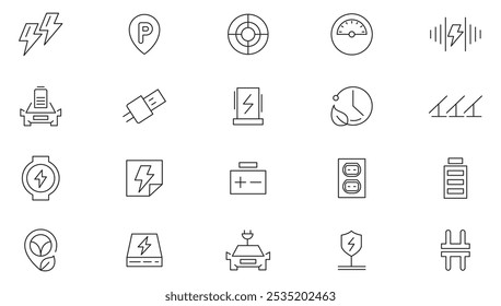 Charging line icon set. Electric car, EV charging, power, hybrid, eco-friendly, battery charging, electric bus, Plug-In, app, template line icon set. UI thin line icon pack.