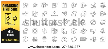 Charging Line Icon Set Featuring Editable Stroke Vector Symbols. Includes EV Charging, Batteries, Plugs, Renewable Energy, Power Supply, And Electric Devices. Ideal For Apps, Web, Print, And Infographics.