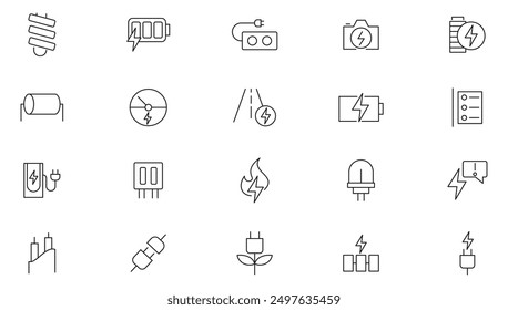 Conjunto de iconos de línea de carga. Renovable, ambiental, Recargo, batería, energía, electricidad, recarga, flujo del cargador, estática, colección de iconos de contorno de inducción. Paquete de iconos de línea delgada de interfaz de usuario.