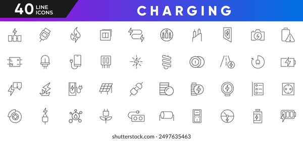 Charging line icon set. Renewable, environmental, charge, battery, energy, electricity, recharge, charger flow, static, induction outline icon collection. UI thin line icon pack.