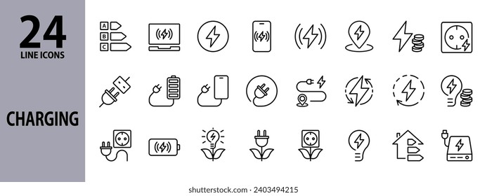 Iconos de línea de carga con batería, estación de carga, carga rápida, carga de teléfono y portátil, enchufe, salida, cable, recarga. Trazo editable