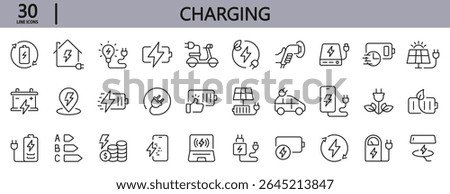 Charging line icons set with Battery, Energy, Electric, Charger, Power, Charge and more. Editable Stroke
