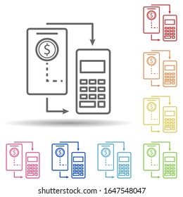 Das Geld wird im Mobile Banking in mehrfarbigem Stil berechnet. Einfache dünne Linie, Vektorillustration von mobilen Banksymbolen für i und ux, Website oder mobile Applikationen