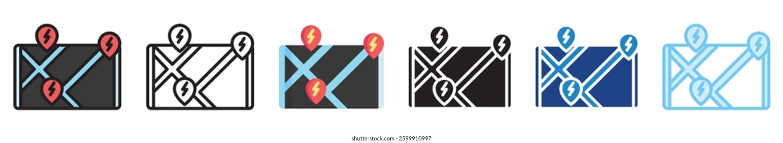 Charging Network multi style, mini illustration icon set. outline, flat, glyph, line color, UI, UX, app and web, digital or print. vector EPS 10 related to EV, electric car, transportation.