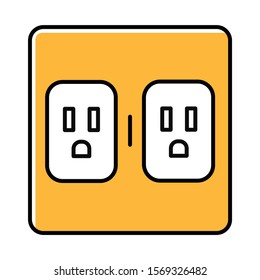 Charging outlets yellow color icon. Two wall sokets. Electrical connectors. Power points. Equipment for electrical wiring in house. Electrified room. Apartment amenities. Isolated vector illustration