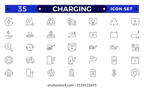 Conjunto de iconos de contorno de carga. Contiene el Recargo, la batería, la energía, la electricidad, el cargador, la recarga, el coche eléctrico y los iconos de la estación de carga.
