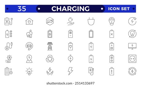 Charging Outline icon set. Containing charge, battery, energy, electricity, charger, recharge, electric car and charging station icons.
