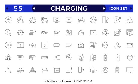 Charging Outline icon set. Containing charge, battery, energy, electricity, charger, recharge, electric car and charging station icons.
