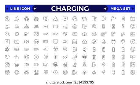 Charging Outline icon set. Containing charge, battery, energy, electricity, charger, recharge, electric car and charging station icons.
