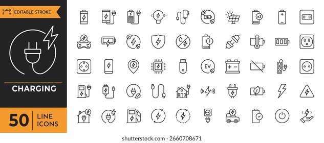 Conjunto de iconos de contorno de carga. Contiene Recargo, batería, energía, electricidad, cargador, recarga, coche eléctrico, estación de carga y más. Trazo editable. Ilustración vectorial