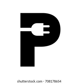 Charging parking creative sign electric car. Plug in letter P vector illustration. Original idea of classic road sign for clean environment cars. Blue square rounded corners for web and print design.
