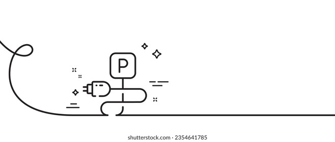 Charging parking line icon. Continuous one line with curl. Car charge place sign. Electric power plug symbol. Charging parking single outline ribbon. Loop curve pattern. Vector