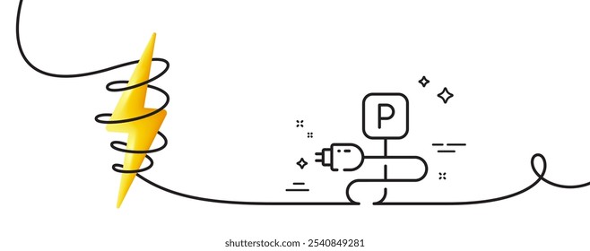 Symbol für gebührenpflichtige Parkleine. Endlos eine Linie mit Locke. Autoladeplatzschild. Elektrischer Netzstecker Symbol. Aufladen Parkplatz einzelne Umrissband. Schleifenkurve mit Energie. Vektorgrafik