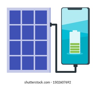 Charging Phone battery using portable solar panel vector icon logo illustration design. Green energy electricity concept element.  Can be used for web and mobile development suitable for infographic