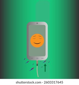 Charging phone with cable. Green display with smiley face
