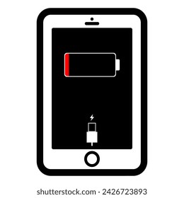 Charging phone icon. Smart phone charging battery. Battery charge level indicators and with USB connection.. Icon isolated on black background. Vector infographic.