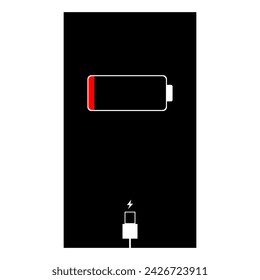 Cargando icono del teléfono. Batería de carga del teléfono inteligente. Indicadores de nivel de carga de la batería y con conexión USB. Icono aislado sobre fondo negro. Infografía vectorial.