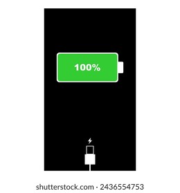 Cargando icono del teléfono. Batería de carga del teléfono inteligente 100%. Indicadores de nivel de carga de la batería y con conexión USB. Icono aislado sobre fondo negro. Infografía vectorial.