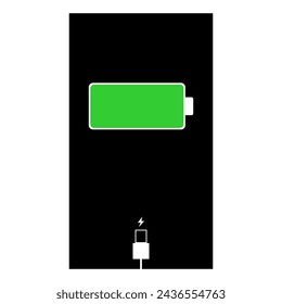 Charging phone icon. Smart phone charging battery on full. Battery charge level indicators and with USB connection.. Icon isolated on black background. Vector infographic.