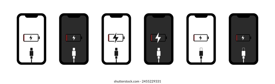 Charging phone. Smartphone charge battery. Usb cable and mobile phone. Vector illustration.