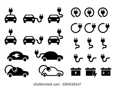 Charging Point Cable Battery Station Electric Car Icon. Vector Hybrid Car. Hybrid Vehicles Logo. Electrical Cable Charging Symbol Road Sign Power Efficiency Engine Electric Socket Plug E-car Or E Car.