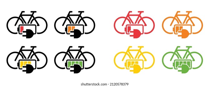 Charging point cable battery station for an electric ebike e bike. Bicycle plug line pattern seamless Vector sport sign icon symbol Sportswear silhouette cyclist riding. City e-bike