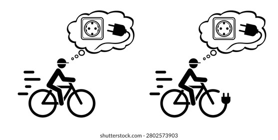 Charging point cable battery station for an electric ebike e bike. Bicycle plug line pattern seamless Vector sport sign icon symbol Sportswear silhouette cyclist riding. City e-bike
