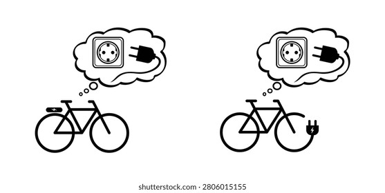Charging point cable battery station for an electric ebike e bike. Bicycle plug line pattern seamless Vector sport sign icon symbol Sportswear silhouette cyclist riding. City e-bike