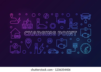 Charging point colored linear illustration - vector EV charge point concept horizontal banner on dark background