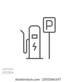 Charging point icon. Simple outline style. Electric vehicles charging station and charge parking, EV, green energy, technology concept. Thin line symbol. Vector illustration isolated. Editable stroke.