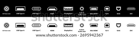 Charging Port icon line vector illustration. USB and HDMI Icon Set featuring Type A, Type B, Mini, Micro, Type C and Micro B connectors.  usb port vector set. computer universal connectors icon eps10
