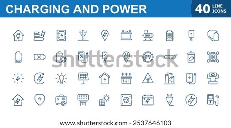 Charging and power icon set. Contains such icons as electronic, electric, power, renewable, full charge, saving and more. Minimalist thin linear icon. Editable vector illustration.