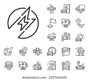 Charging power sign. Plane, supply chain and place location outline icons. Electric energy line icon. Charge lightning bolt symbol. Electric energy line sign. Taxi transport, rent a bike icon. Vector