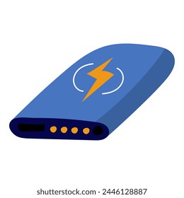 The charging power supply has a flat shape. The blue charging unit of the gadget with a lightning sign. Power supply icon, simple flat design. Vector. Isolate on a white background.