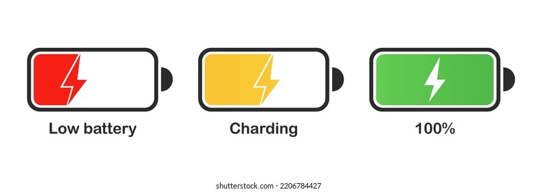 Charging process, low battery, charging, 100% on white background. Vector illustration