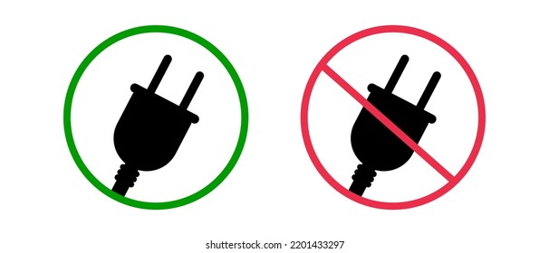 Cargando iconos de salida prohibidos y cargables. Juego de iconos de disponibilidad de enchufe. Vector.