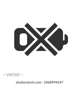 charging prohibited icon, battery damage, cross for accumulator, flat symbol on white background - vector illustration