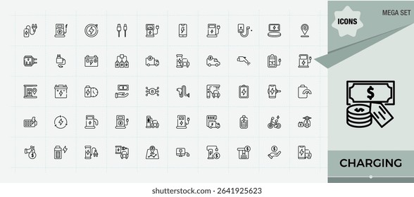Charging related icon set. Charger icon set. Trendy minimal icons. Containing charger, electrical, electricity, power, technology, battery, charge and more. Editable vector stroke.