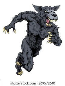 A charging running wolf or werewolf character, great as a sports or athletics mascot