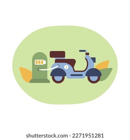 Charging scooter, eco transport for green environment. Clean tech, eco friendly ride. Greenhouse effect prevention. Color vector graphic, flat art, cartoon illustration