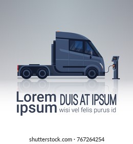 Charging Semi Truck Cabin At Electic Charger Station Banner With Copy Space Vector Illustration