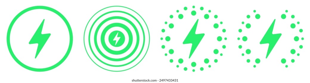 Señal de carga. Círculos, puntos alrededor del rayo. Electricidad, energía verde, respetuoso del medio ambiente, ecología, recargable, fuente de alimentación, acumulador de batería, estación de coche eléctrico, Recargo rápido, ambiente limpio