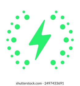 Charging sign. Dots around lightning. Electricity, green energy, eco friendly, ecology, rechargeable, power supply, battery accumulator, electric car station, fast charge, turbo, clean environment