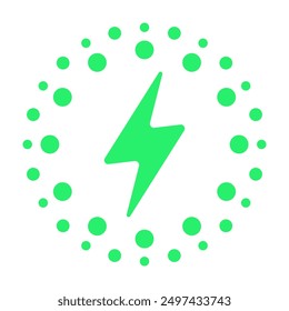 Charging sign. Dots around lightning. Electricity, green energy, eco friendly, ecology, rechargeable, power supply, battery accumulator, electric car station, fast charge, turbo, clean environment