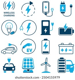 carga, smartphone, coche, solar, fotovoltaico, turbina de viento, cable, batería, enchufe, zócalo - carga, conjunto de iconos