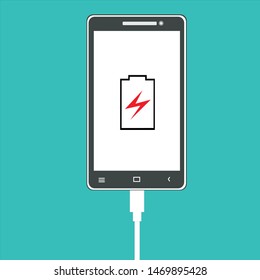 charging smartphone on a turquoise background, charge the battery notification

