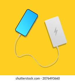 Charging a smartphone using a power bank on a yellow background, vector illustration.