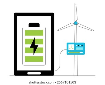 Charging smartphone with windmill generating electrical energy, green energy vector illustration.