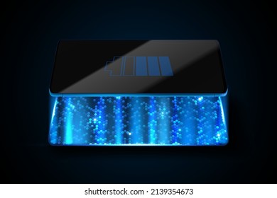 Charging Smartphone wireless charging concept design on dark background. Glow battery level icon. Blue shine sparks power style