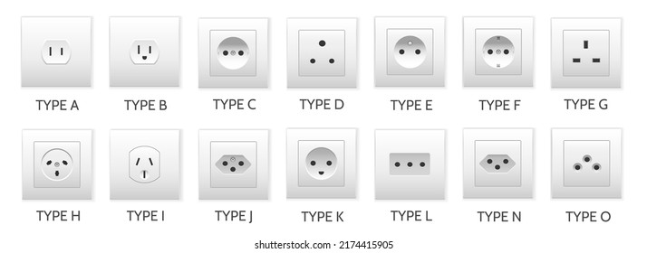 Charging socket types. Interior power outlet plugs type set, country electrical access outlet standards, appliance charger wire shapes